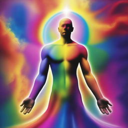 A divine god is in the process of creating a person made entirely of rainbow colors