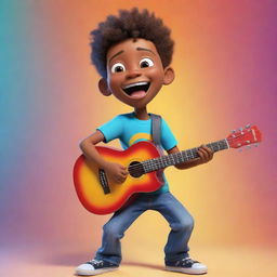 A cartoon young boy joyfully strumming a guitar, showing off vibrant colors and expressive emotions.