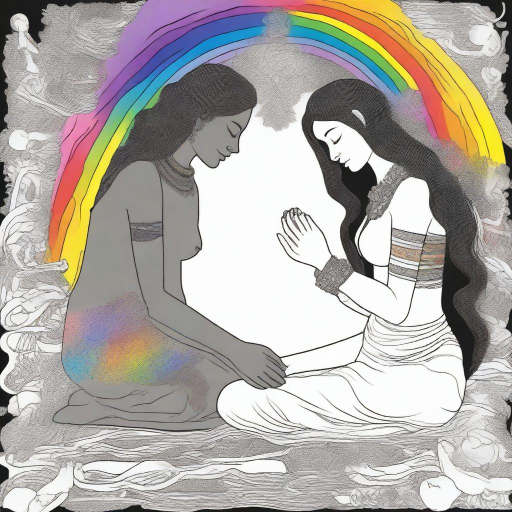 A loving goddess is in her workshop, delicately adding a rainbow-colored mind to a black and white person