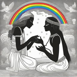 A loving goddess is in her workshop, delicately adding a rainbow-colored mind to a black and white person