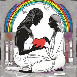 A loving goddess is in her workshop, delicately adding a rainbow-colored heart to a black and white person