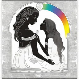 A loving goddess is in her workshop, delicately adding a rainbow-colored heart to a black and white person