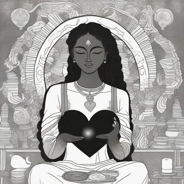 A loving goddess is in her workshop, delicately adding a rainbow-colored heart to a black and white person