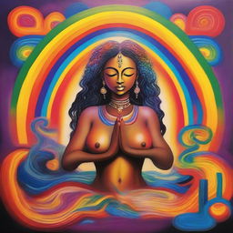 A goddess is in her workshop, carefully building a person made entirely of rainbow colors