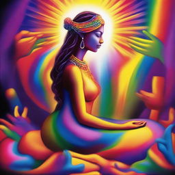 A goddess is in her workshop, carefully building a person made entirely of rainbow colors