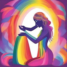 A goddess is in her workshop, carefully building a person made entirely of rainbow colors