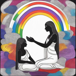 A goddess is in her workshop, carefully building a person who is half rainbow-colored and half black and white