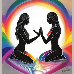 A goddess is in her workshop, carefully building a person who is half rainbow-colored and half black and white