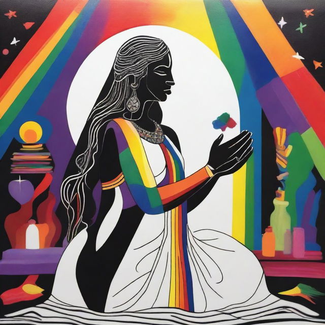 A goddess is in her workshop, carefully building a person who is half rainbow-colored and half black and white