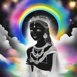 A majestic black and white goddess creating a radiant child enveloped in a rainbow aura