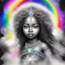 A majestic black and white goddess creating a radiant child enveloped in a rainbow aura