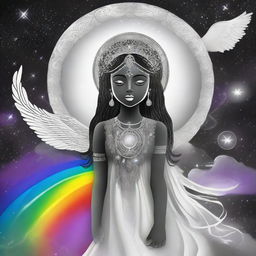 A majestic black and white goddess creating a radiant child enveloped in a rainbow aura