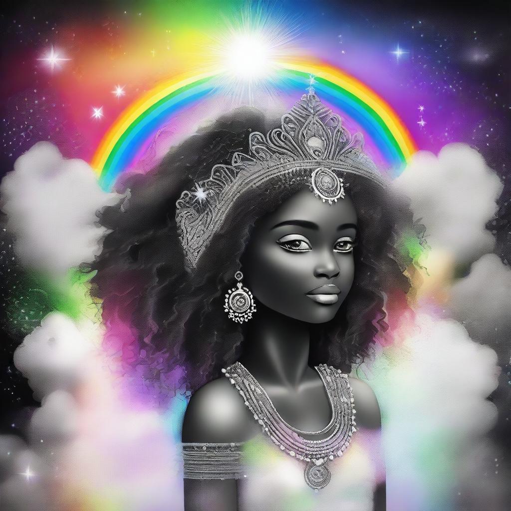 A majestic black and white goddess creating a radiant child enveloped in a rainbow aura