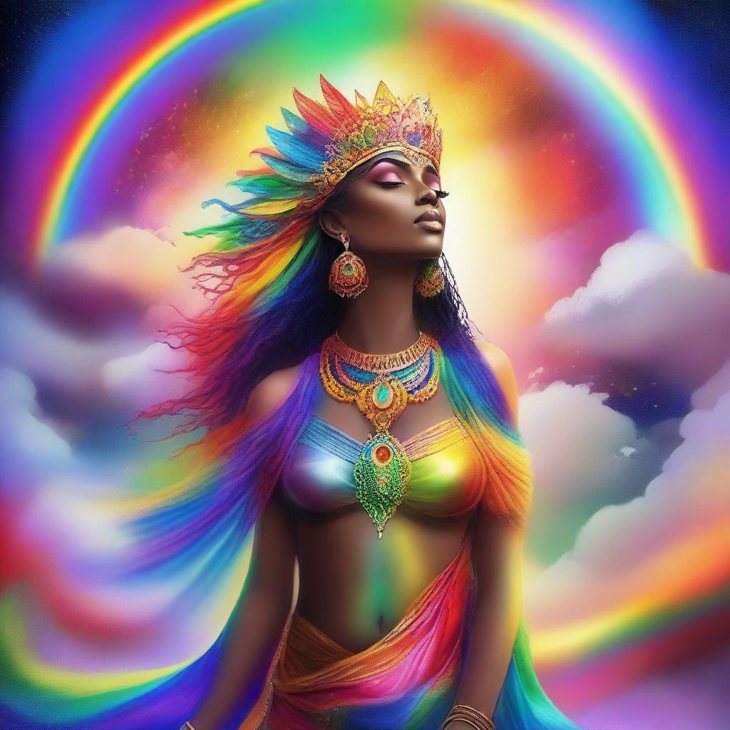A majestic goddess wielding a vibrant rainbow to create an androgynous person