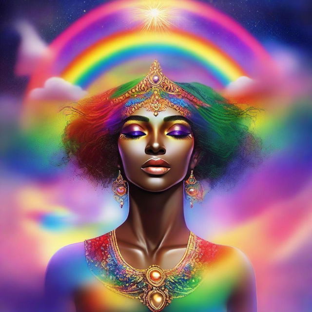 A majestic goddess wielding a vibrant rainbow to create an androgynous person