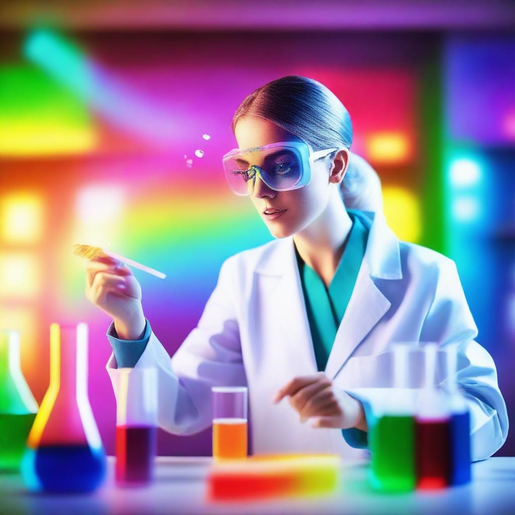 A female scientist in a modern laboratory, using a vibrant rainbow to create a person