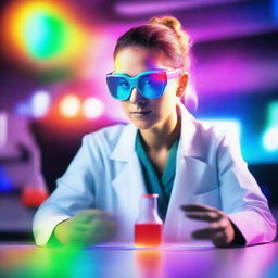 A female scientist in a modern laboratory, using a vibrant rainbow to create a person