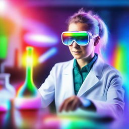 A female scientist in a modern laboratory, using a vibrant rainbow to create a person