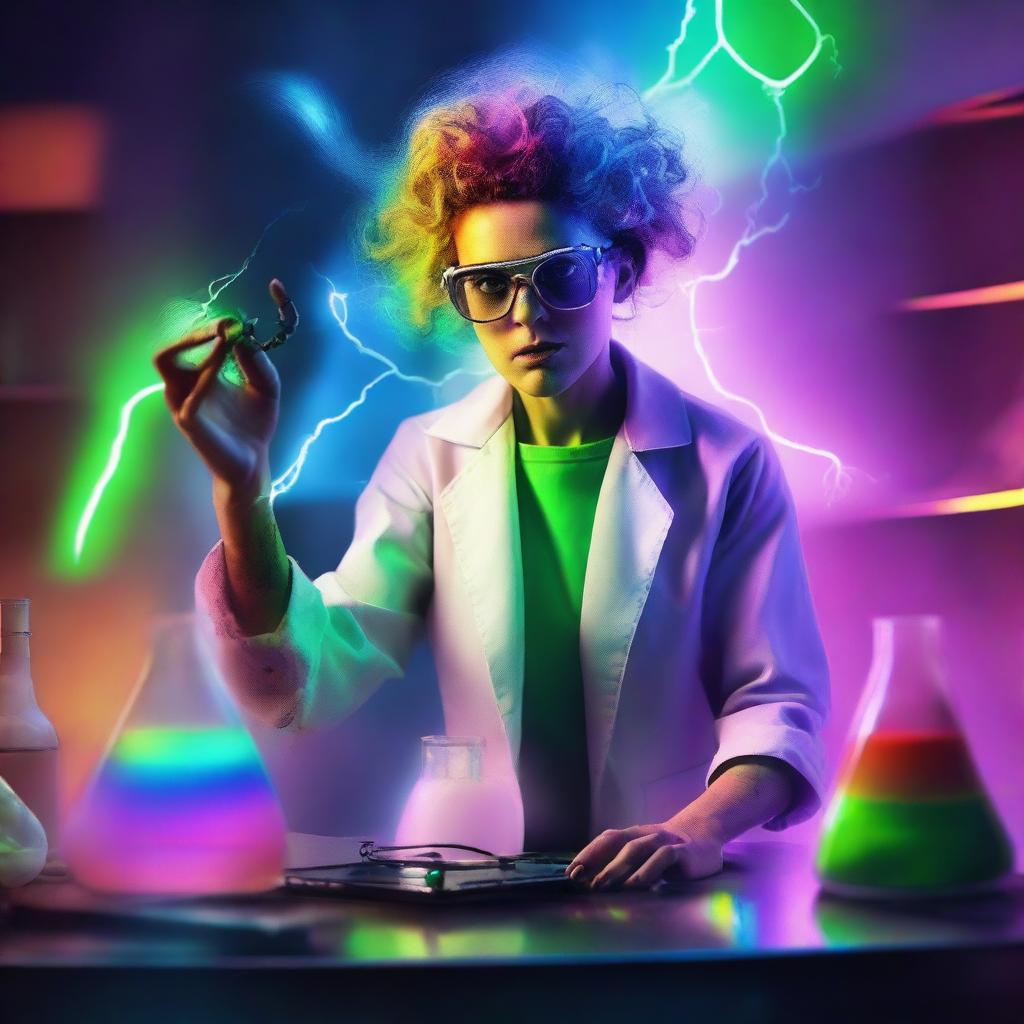 A female mad scientist in a dark, eerie laboratory, using a vibrant rainbow to create a Frankenstein-like creature