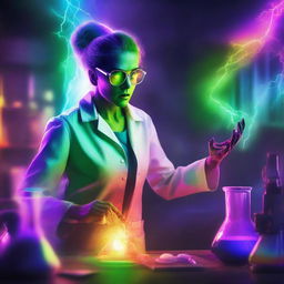 A female mad scientist in a dark, eerie laboratory, using a vibrant rainbow to create a Frankenstein-like creature