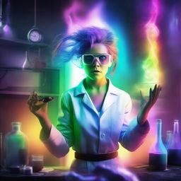 A female mad scientist in a dark, eerie laboratory, using a vibrant rainbow to create a Frankenstein-like creature