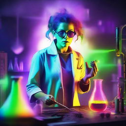 A female mad scientist in a dark, eerie laboratory, using a vibrant rainbow to create a Frankenstein-like creature