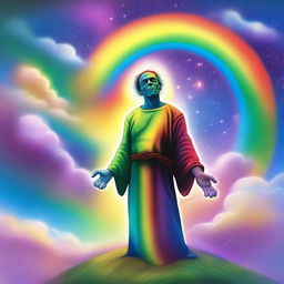 A loving god in a celestial realm, using a vibrant rainbow to create a Frankenstein-like creature