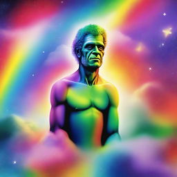 A loving god in a celestial realm, using a vibrant rainbow to create a Frankenstein-like creature