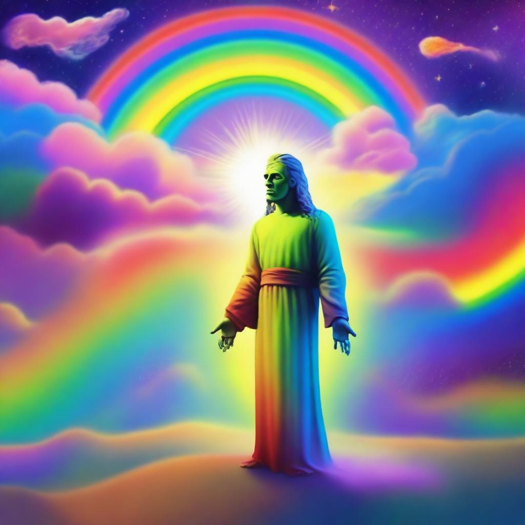 A loving god in a celestial realm, using a vibrant rainbow to create a Frankenstein-like creature