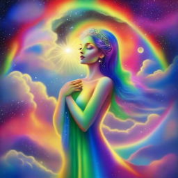 A loving goddess in a celestial realm, using a vibrant rainbow to create a Frankenstein-like creature