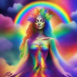 A loving goddess in a celestial realm, using a vibrant rainbow to create a Frankenstein-like creature