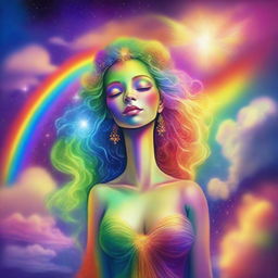 A loving goddess in a celestial realm, using a vibrant rainbow to create a Frankenstein-like creature