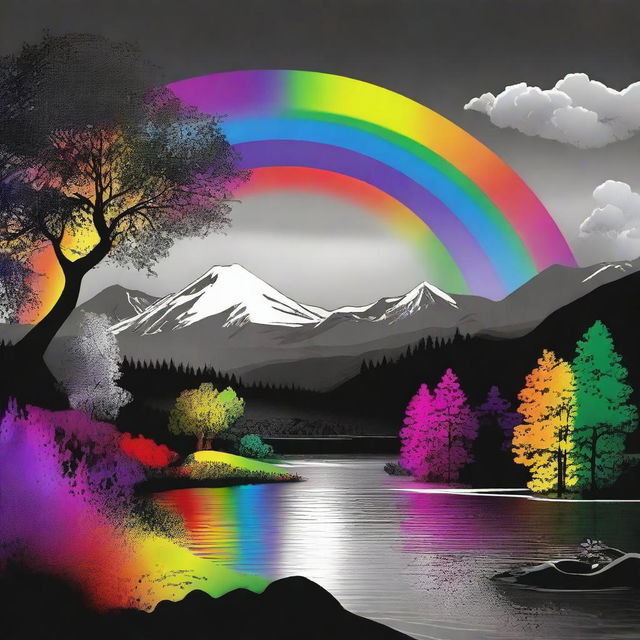 A surreal scene where a vibrant rainbow is emerging from a black and white world