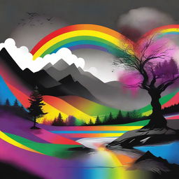 A surreal scene where a vibrant rainbow is emerging from a black and white world