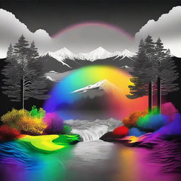 A surreal scene where a vibrant rainbow is emerging from a black and white world