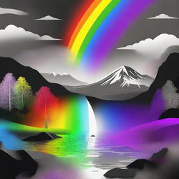 A surreal scene where a vibrant rainbow is emerging from a black and white world