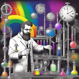 An inventive scientist in a monochrome laboratory, creating a vibrant rainbow from black and white elements