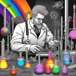 An inventive scientist in a monochrome laboratory, creating a vibrant rainbow from black and white elements