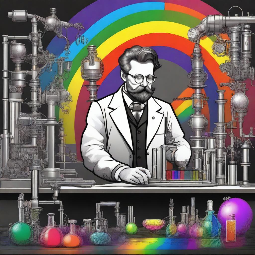 An inventive scientist in a monochrome laboratory, creating a vibrant rainbow from black and white elements