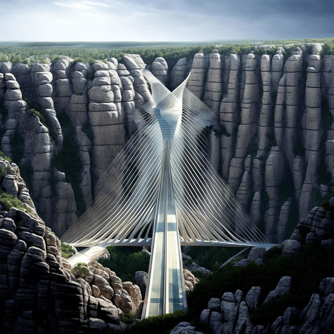 A Santiago Calatrava-inspired architectural bridge spans an incredible distance of kilometres between two towering cliffs, far above the ground. The daytime sky casts soft light hues, and shards of light play off the structure's surfaces.