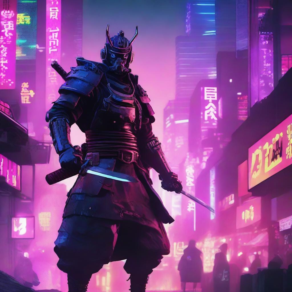 A highly detailed cyberpunk poster featuring a samurai in the middle of a war