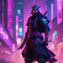 A highly detailed cyberpunk poster featuring a samurai in the middle of a war