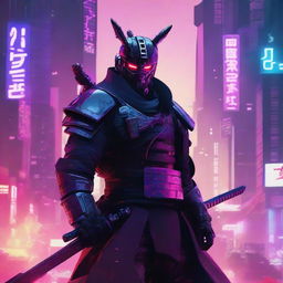 A highly detailed cyberpunk poster featuring a samurai in the middle of a war