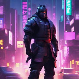 A highly detailed cyberpunk poster featuring a samurai in the middle of a war