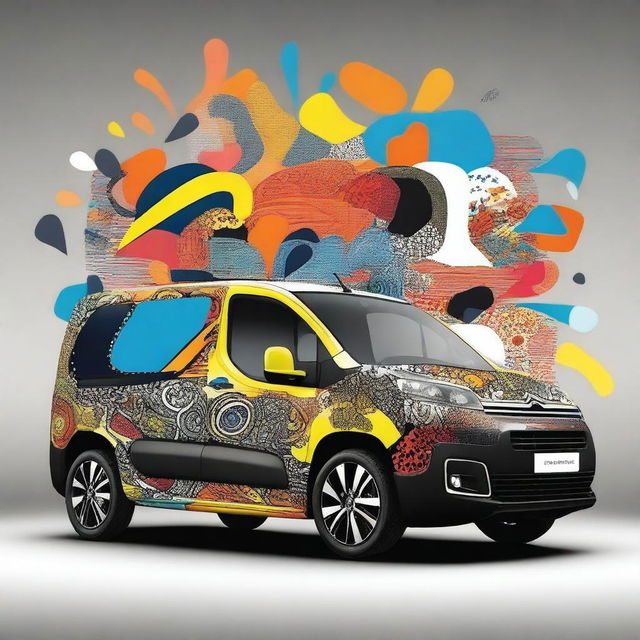 A Citroen Berlingo vehicle decorated with vibrant and eye-catching designs