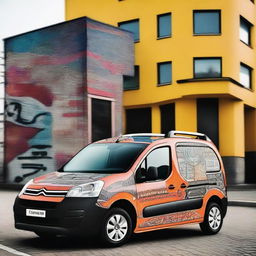 A Citroen Berlingo vehicle decorated with vibrant and eye-catching designs