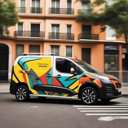 A Citroen Berlingo vehicle decorated with vibrant and eye-catching designs