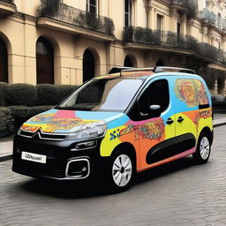 A Citroen Berlingo vehicle decorated with vibrant and eye-catching designs