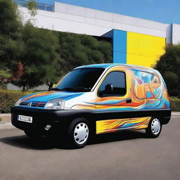A 2000 Citroen Berlingo vehicle decorated with vibrant and eye-catching designs