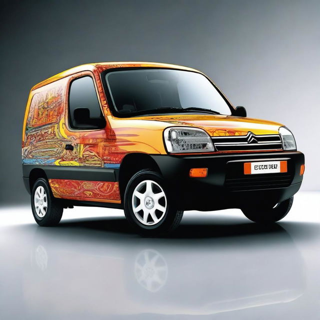 A 2000 Citroen Berlingo vehicle decorated with vibrant and eye-catching designs